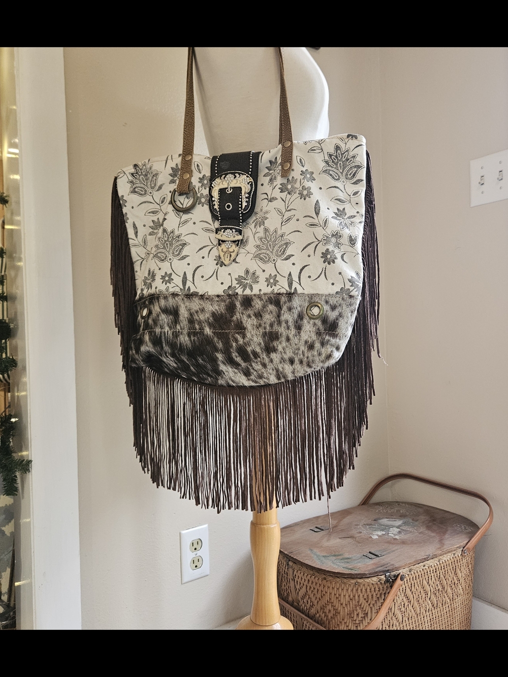 Fringe Myra Tote Bag Purse with Cowhide Accent- One Of A Kind - Picture 2 of 8